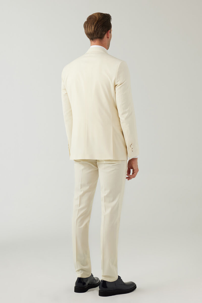 Erkek Krem Slim Fit %100 Yün Yelekli Sivri Yaka Takım Elbise - 12