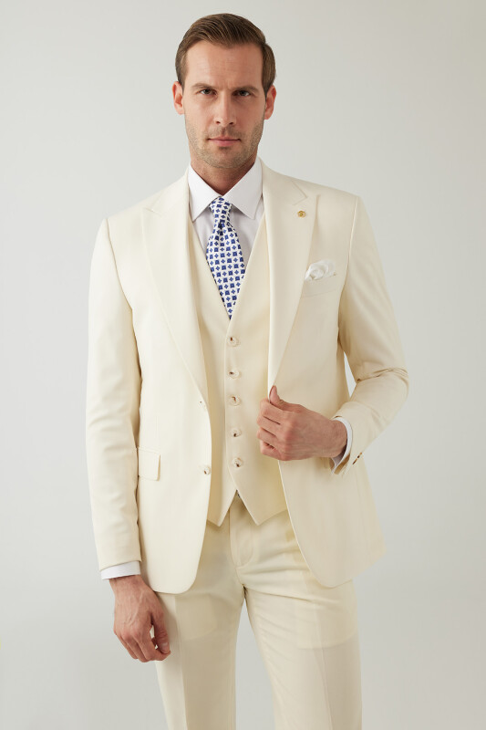 Erkek Krem Slim Fit %100 Yün Yelekli Sivri Yaka Takım Elbise
