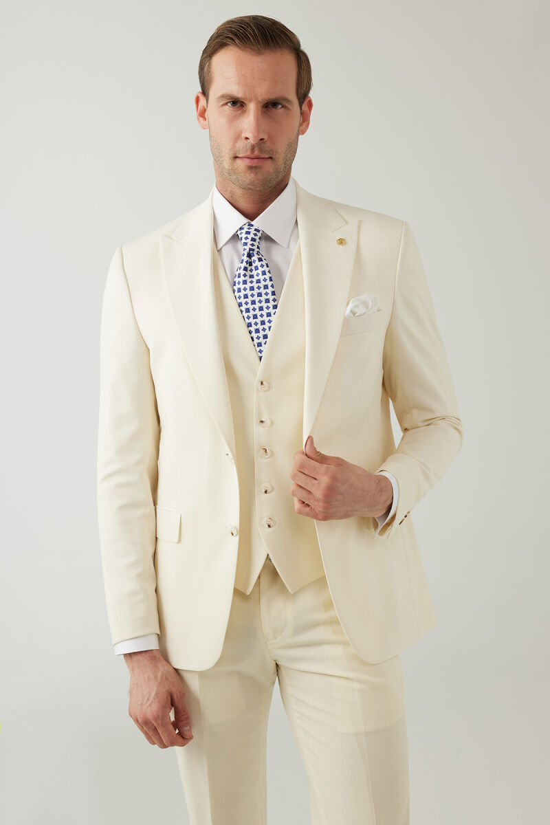Erkek Krem Slim Fit %100 Yün Yelekli Sivri Yaka Takım Elbise - 2