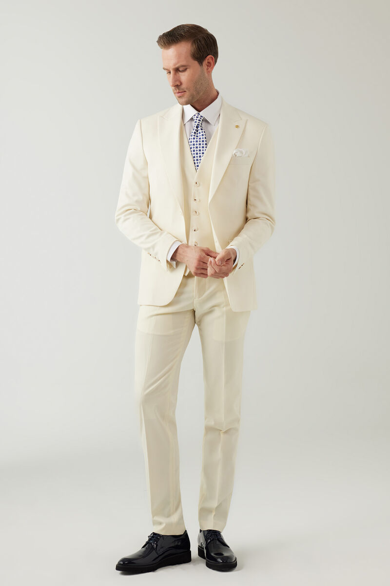 Erkek Krem Slim Fit %100 Yün Yelekli Sivri Yaka Takım Elbise - 3