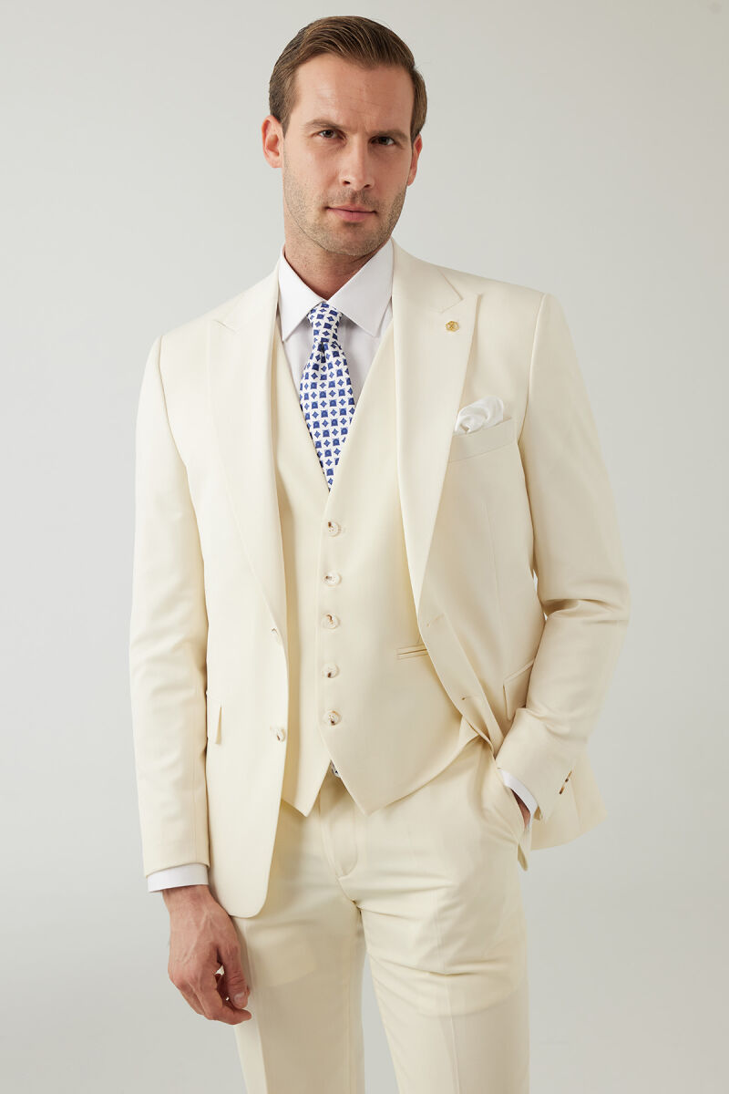 Erkek Krem Slim Fit %100 Yün Yelekli Sivri Yaka Takım Elbise - 5