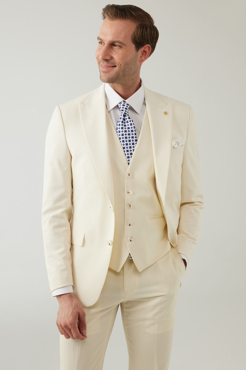 Erkek Krem Slim Fit %100 Yün Yelekli Sivri Yaka Takım Elbise - 6