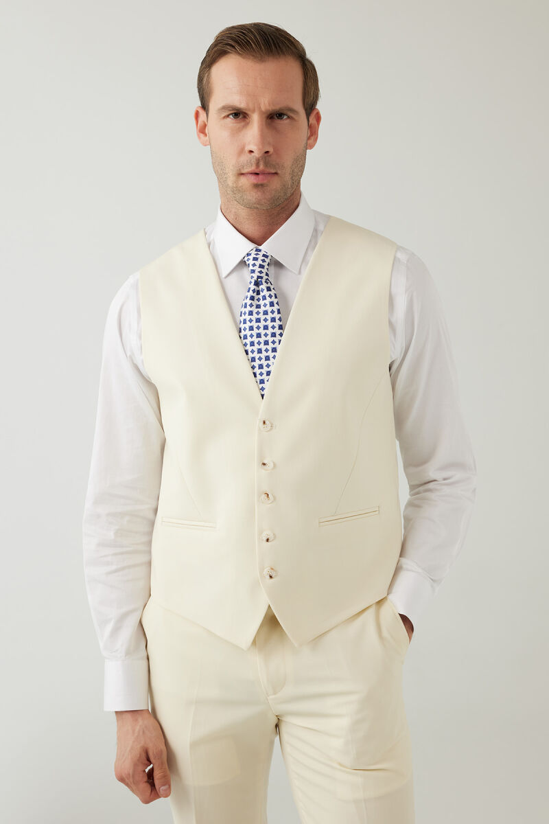 Erkek Krem Slim Fit %100 Yün Yelekli Sivri Yaka Takım Elbise - 7