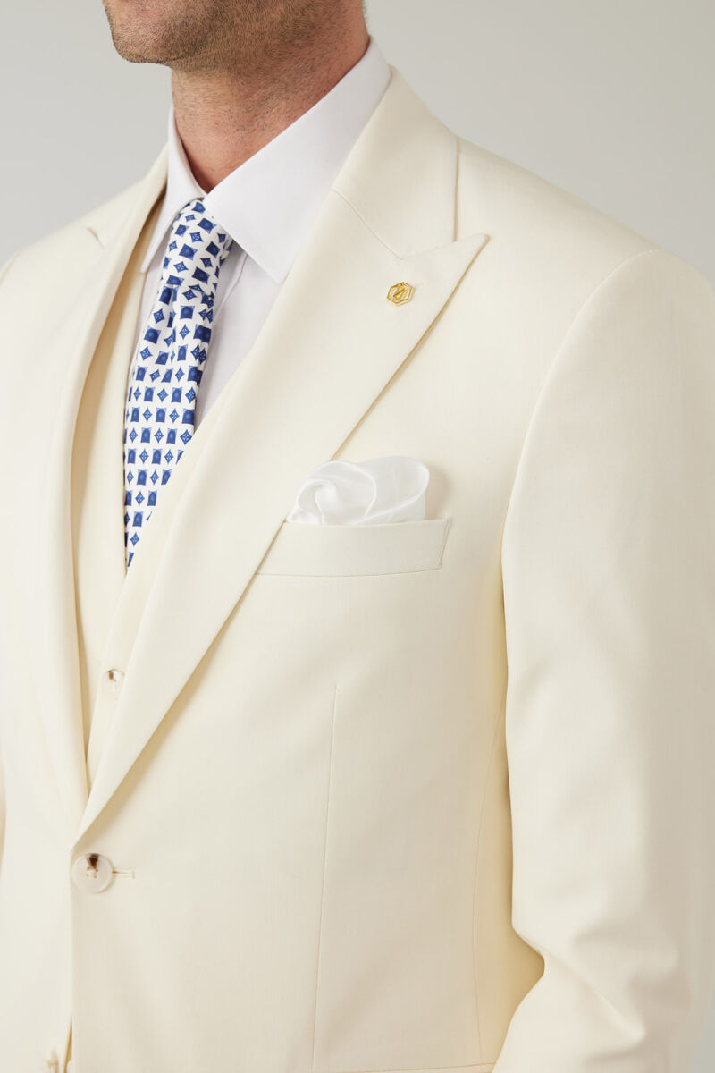 Erkek Krem Slim Fit %100 Yün Yelekli Sivri Yaka Takım Elbise - 8