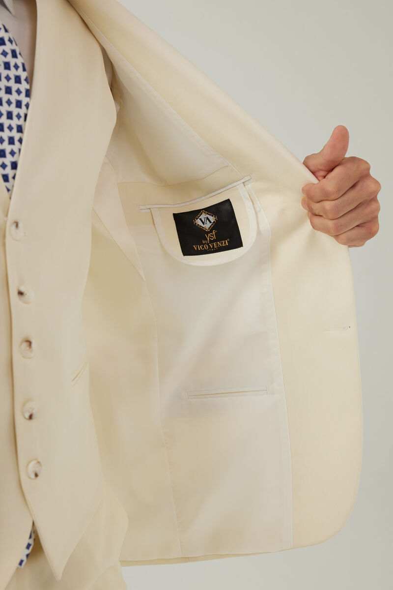 Erkek Krem Slim Fit %100 Yün Yelekli Sivri Yaka Takım Elbise - 9