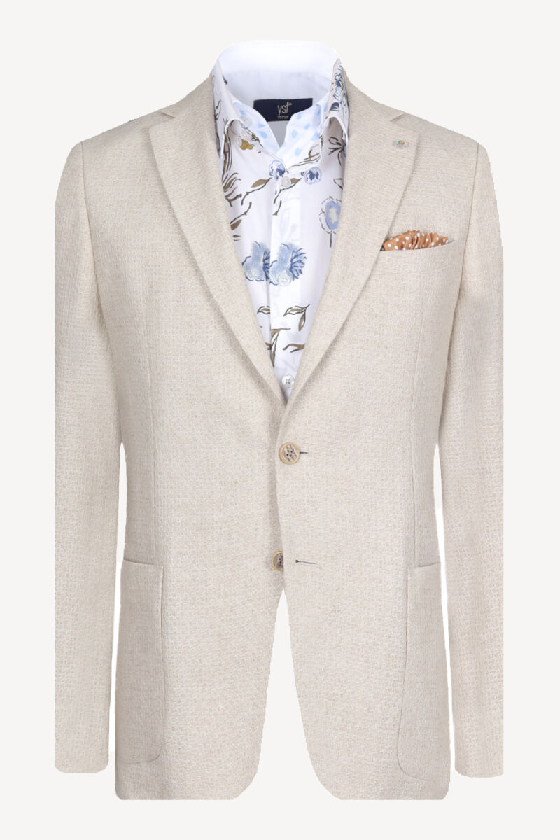 Erkek Krem Slim Fit Kırçıllı Spor Keten Ceket - 1