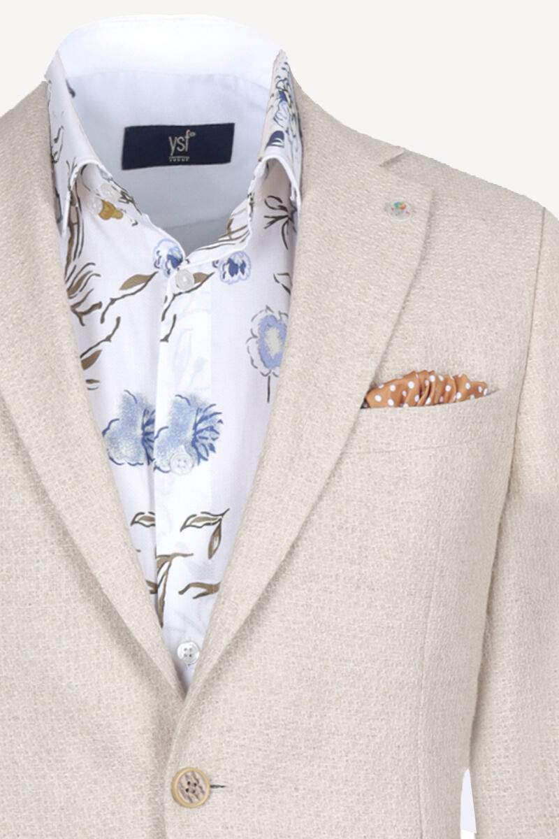 Erkek Krem Slim Fit Kırçıllı Spor Keten Ceket - 2