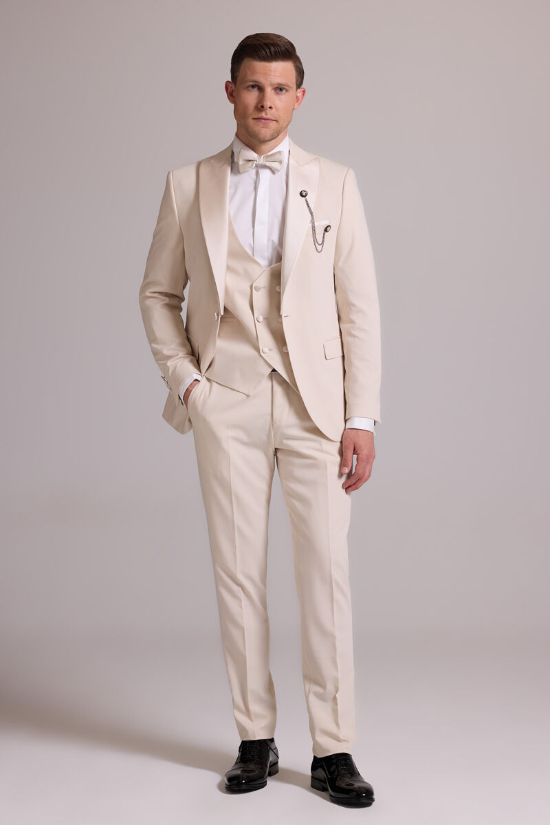 Erkek Krem Slim Fit Kırlangıç Yaka Yelekli Damatlık - 1