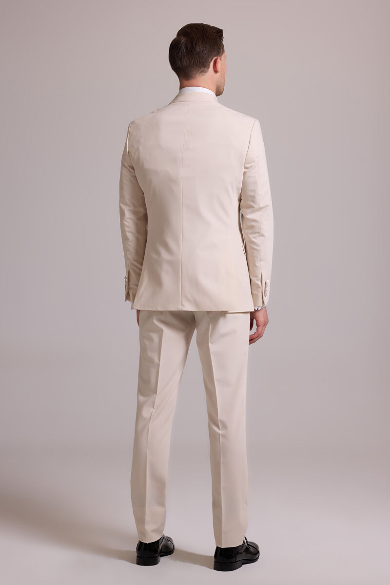 Erkek Krem Slim Fit Kırlangıç Yaka Yelekli Damatlık - 12