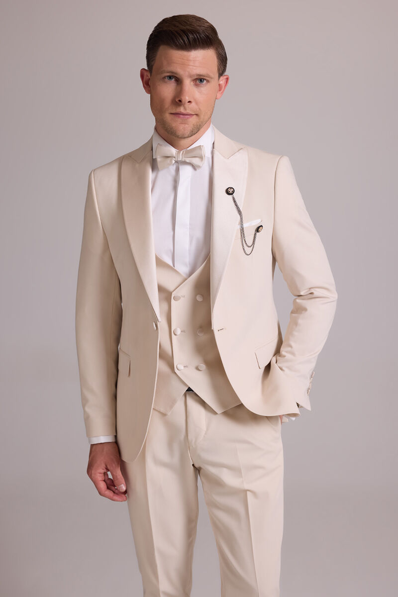 Erkek Krem Slim Fit Kırlangıç Yaka Yelekli Damatlık - 2