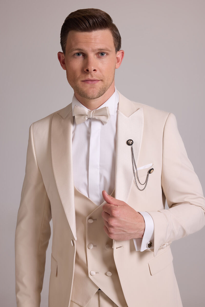 Erkek Krem Slim Fit Kırlangıç Yaka Yelekli Damatlık - 3