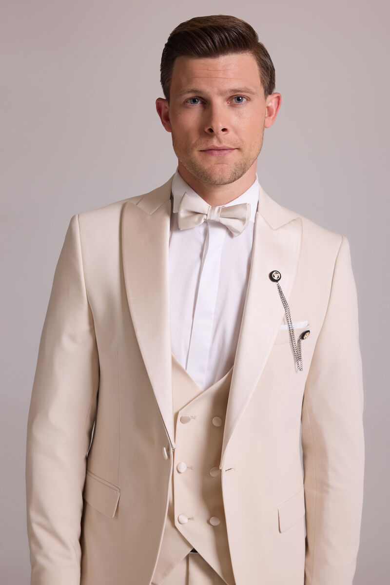 Erkek Krem Slim Fit Kırlangıç Yaka Yelekli Damatlık - 4