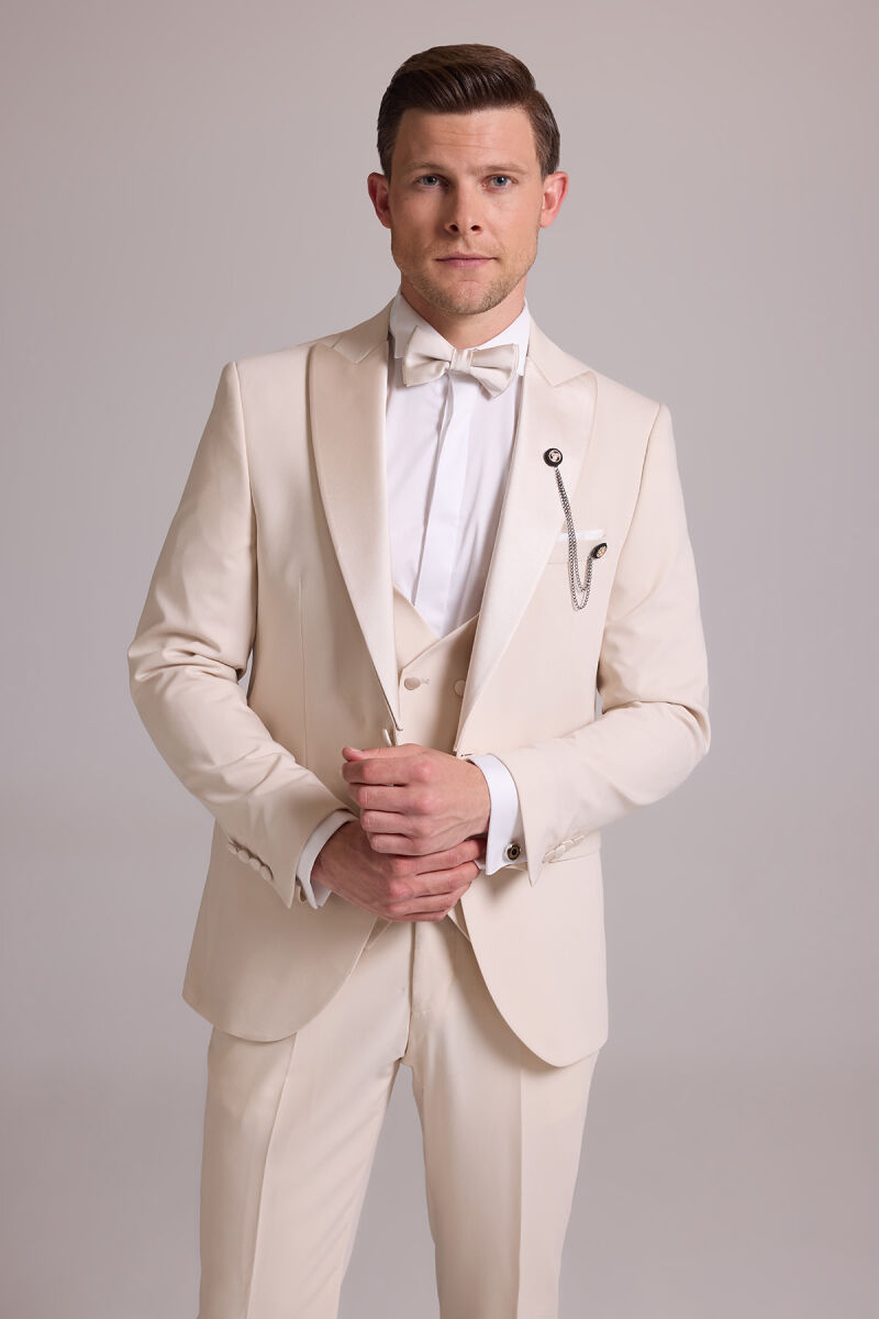 Erkek Krem Slim Fit Kırlangıç Yaka Yelekli Damatlık - 5
