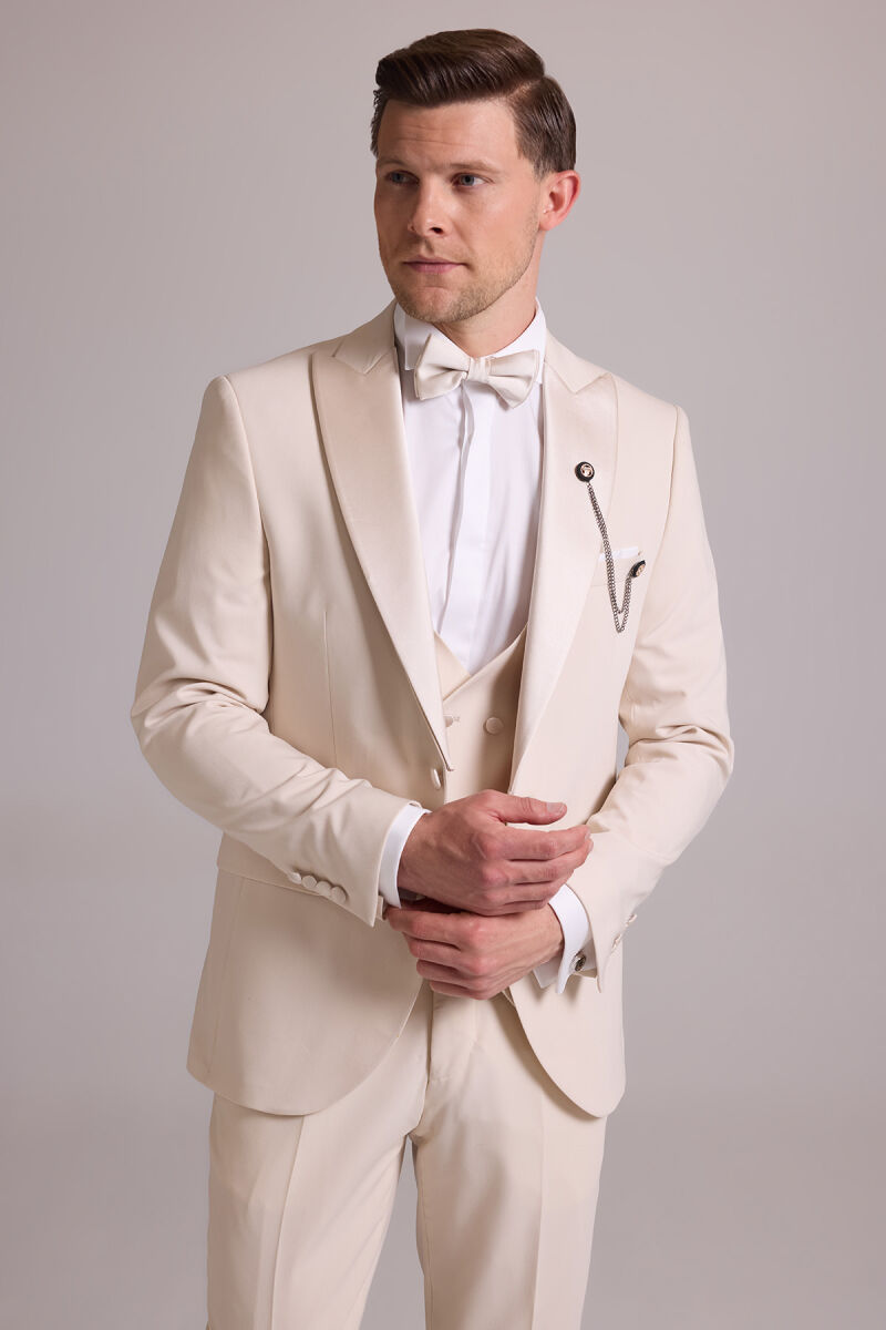 Erkek Krem Slim Fit Kırlangıç Yaka Yelekli Damatlık - 6