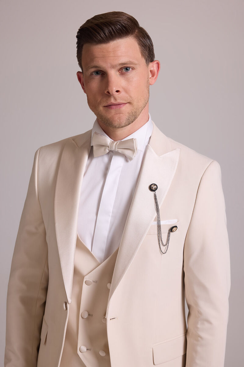 Erkek Krem Slim Fit Kırlangıç Yaka Yelekli Damatlık - 7