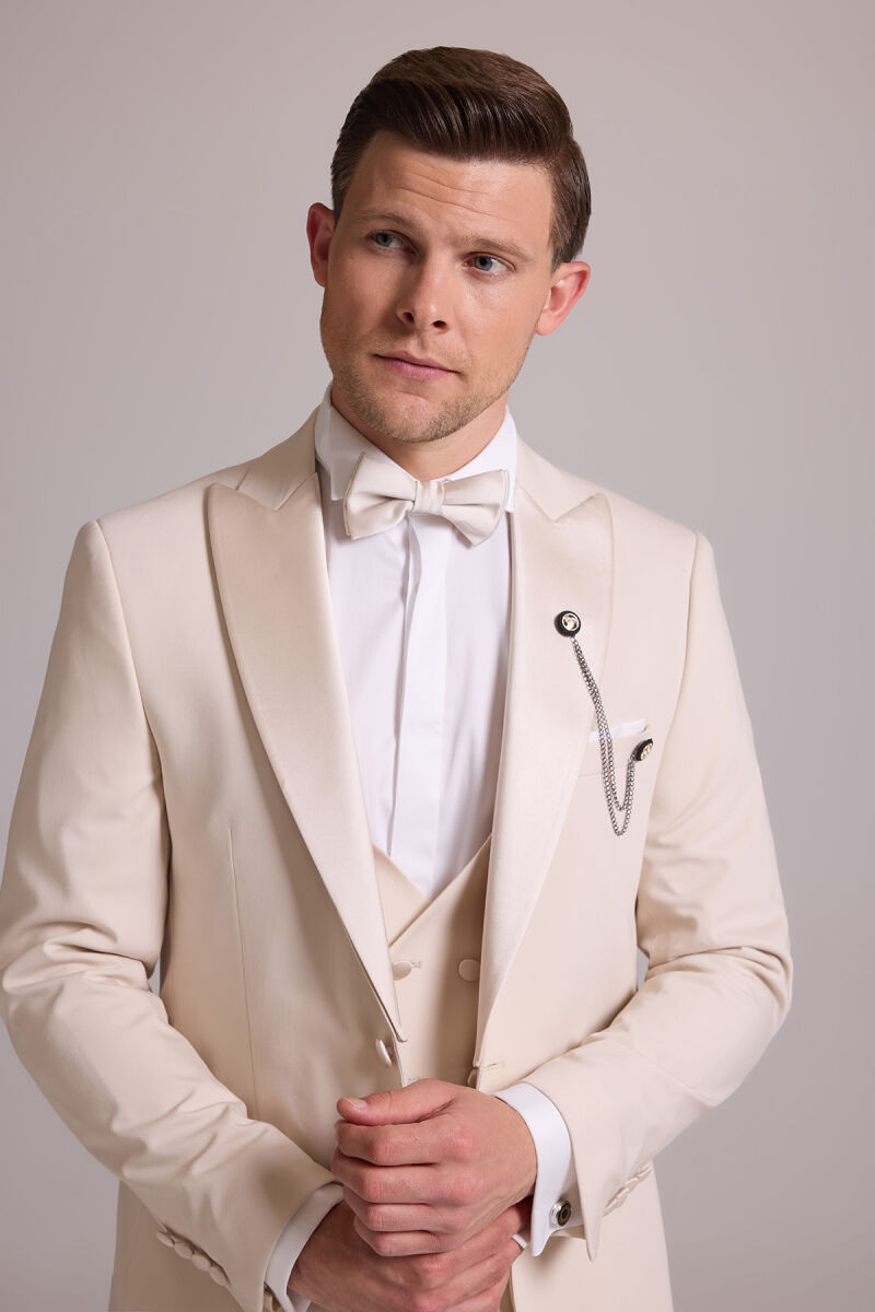 Erkek Krem Slim Fit Kırlangıç Yaka Yelekli Damatlık - 8