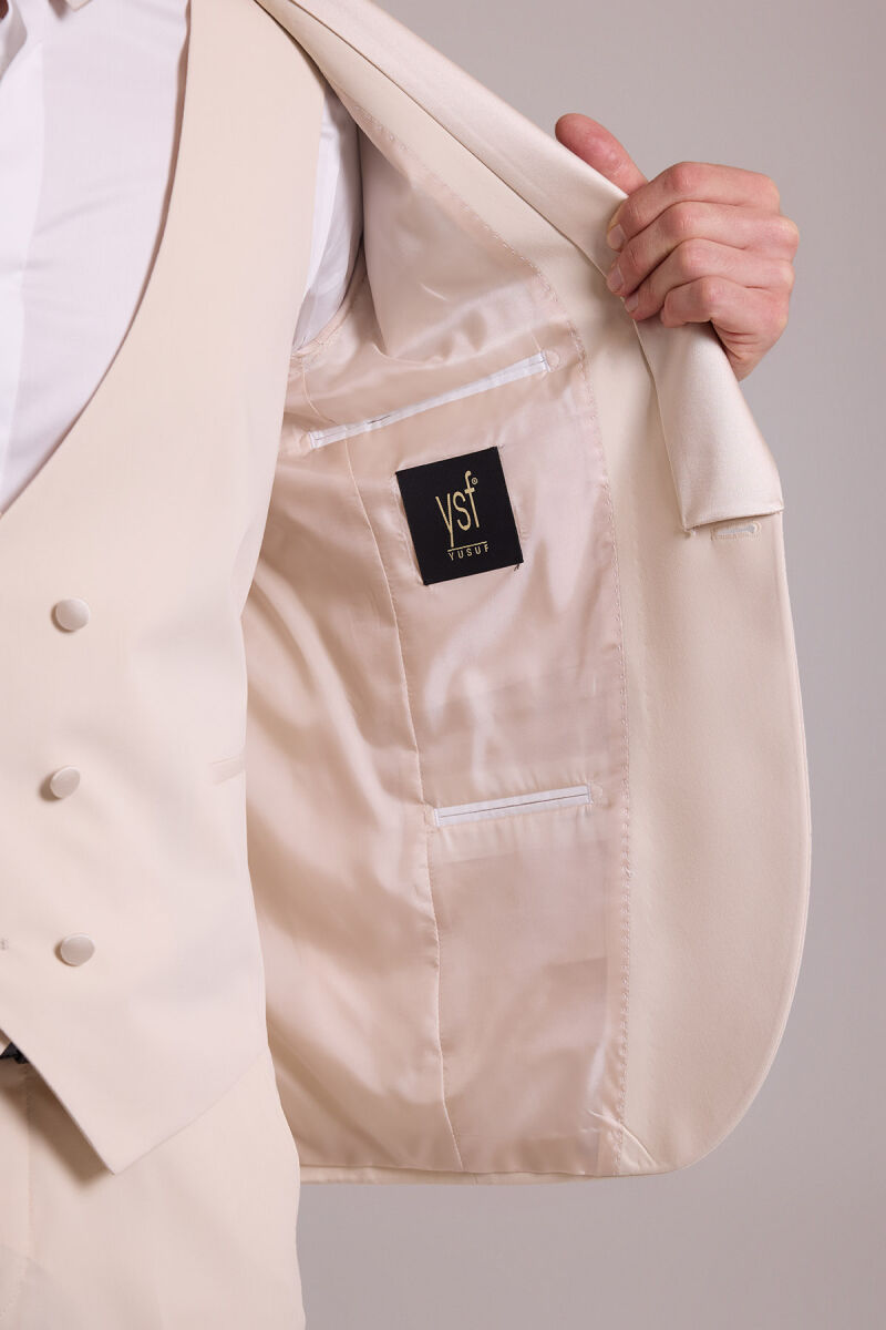 Erkek Krem Slim Fit Kırlangıç Yaka Yelekli Damatlık - 9