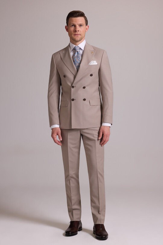 Erkek Krem Slim Fit Kruvaze %100 Yün Takım Elbise