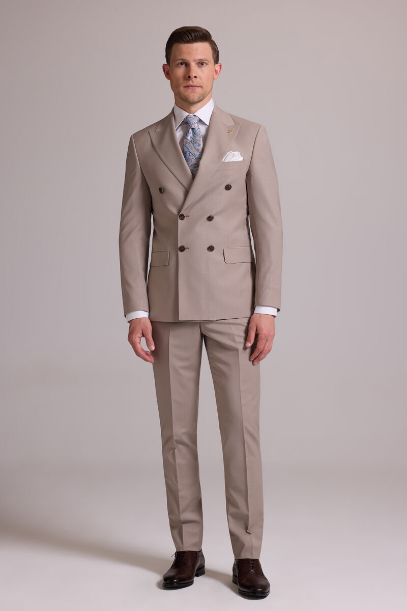 Erkek Krem Slim Fit Kruvaze %100 Yün Takım Elbise - 1
