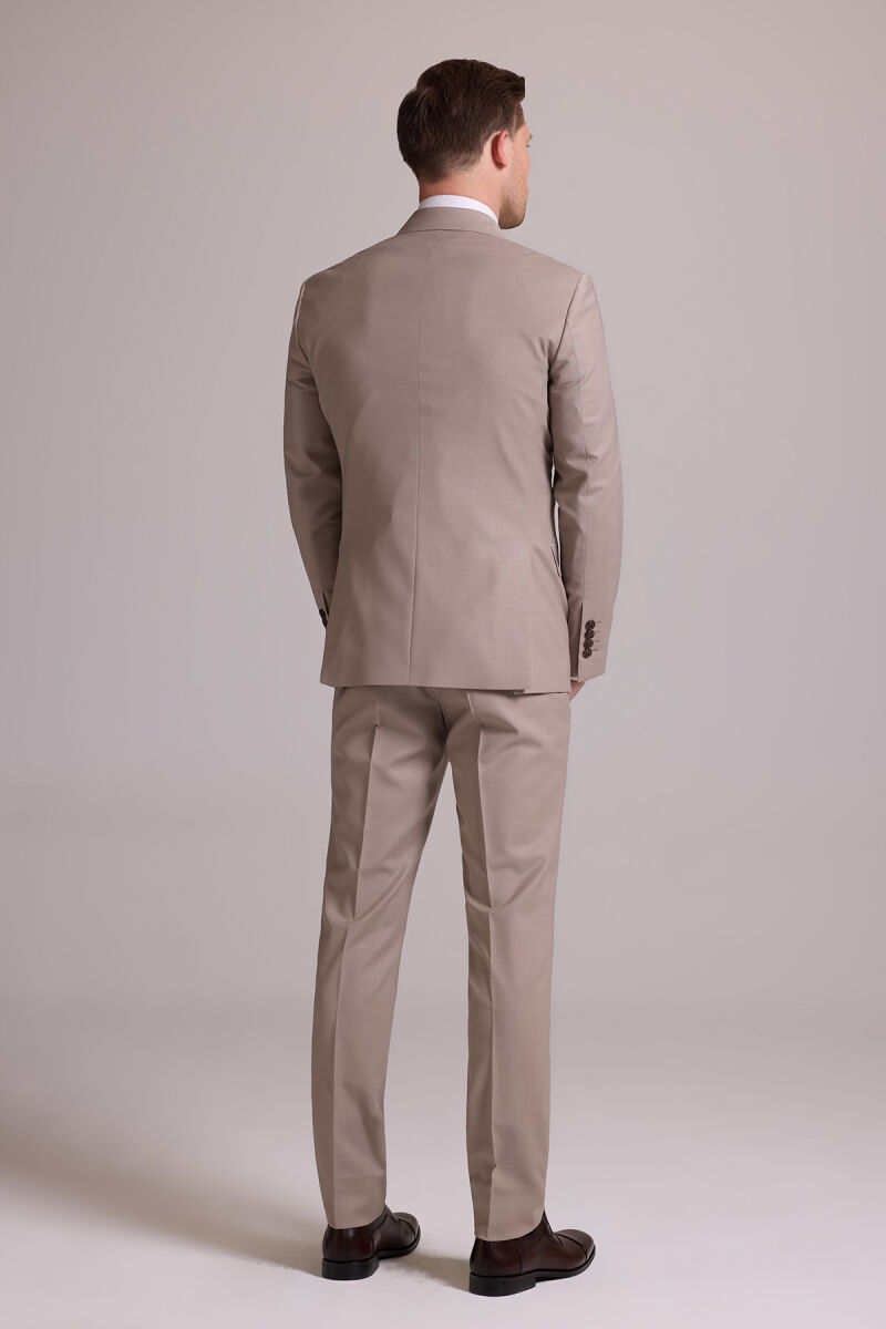 Erkek Krem Slim Fit Kruvaze %100 Yün Takım Elbise - 12