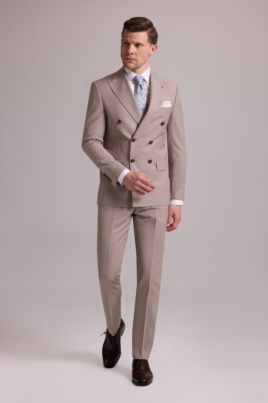 Erkek Krem Slim Fit Kruvaze %100 Yün Takım Elbise