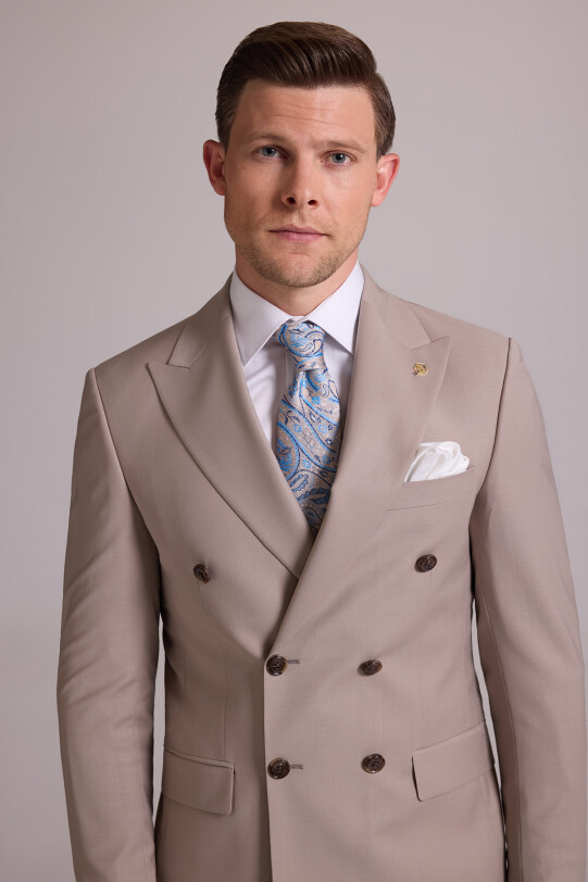 Erkek Krem Slim Fit Kruvaze %100 Yün Takım Elbise