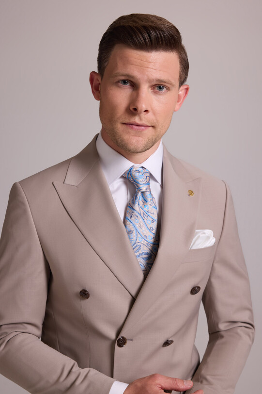 Erkek Krem Slim Fit Kruvaze %100 Yün Takım Elbise