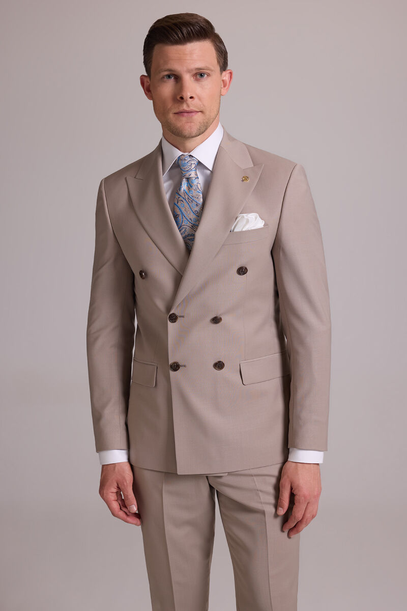 Erkek Krem Slim Fit Kruvaze %100 Yün Takım Elbise - 5