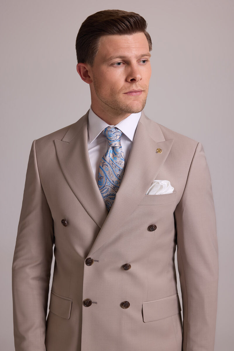 Erkek Krem Slim Fit Kruvaze %100 Yün Takım Elbise - 7