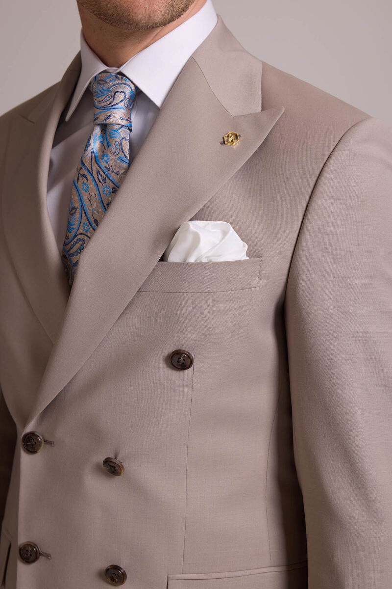 Erkek Krem Slim Fit Kruvaze %100 Yün Takım Elbise - 8