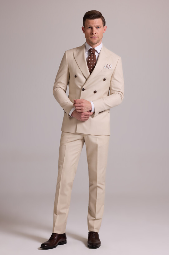 Erkek Krem Slim Fit Kruvaze Yün Takım Elbise