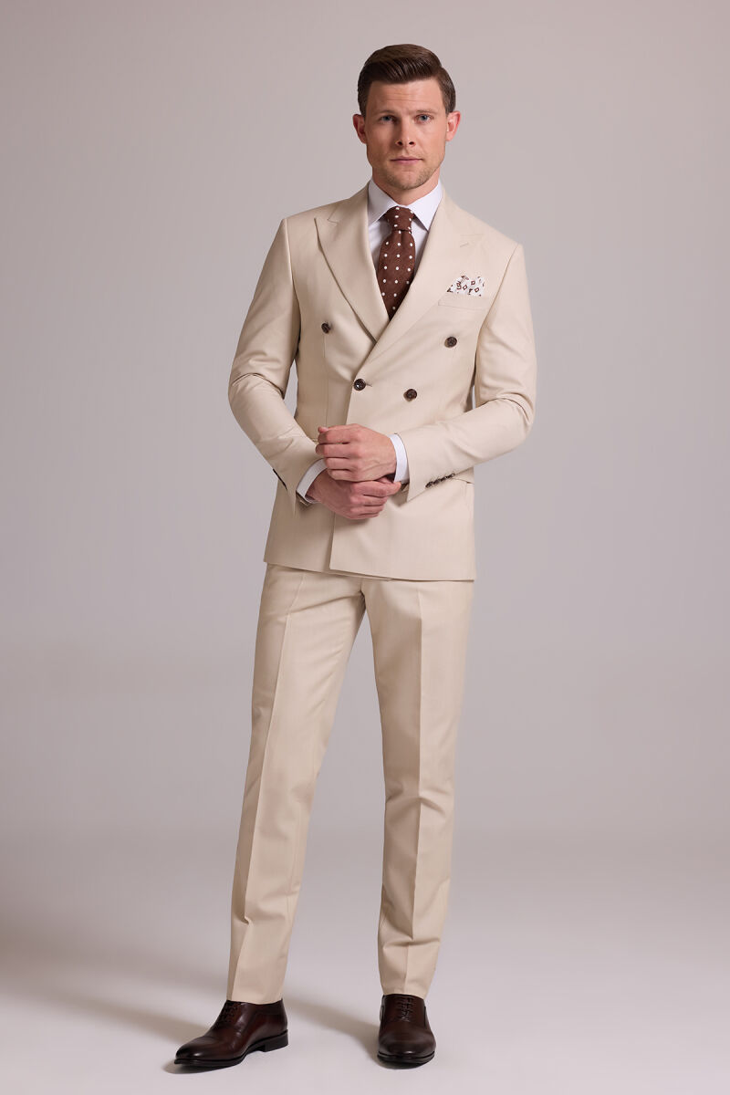 Erkek Krem Slim Fit Kruvaze Yün Takım Elbise - 1