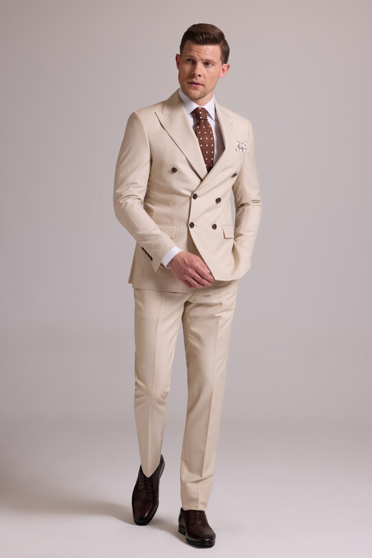 Erkek Krem Slim Fit Kruvaze Yün Takım Elbise