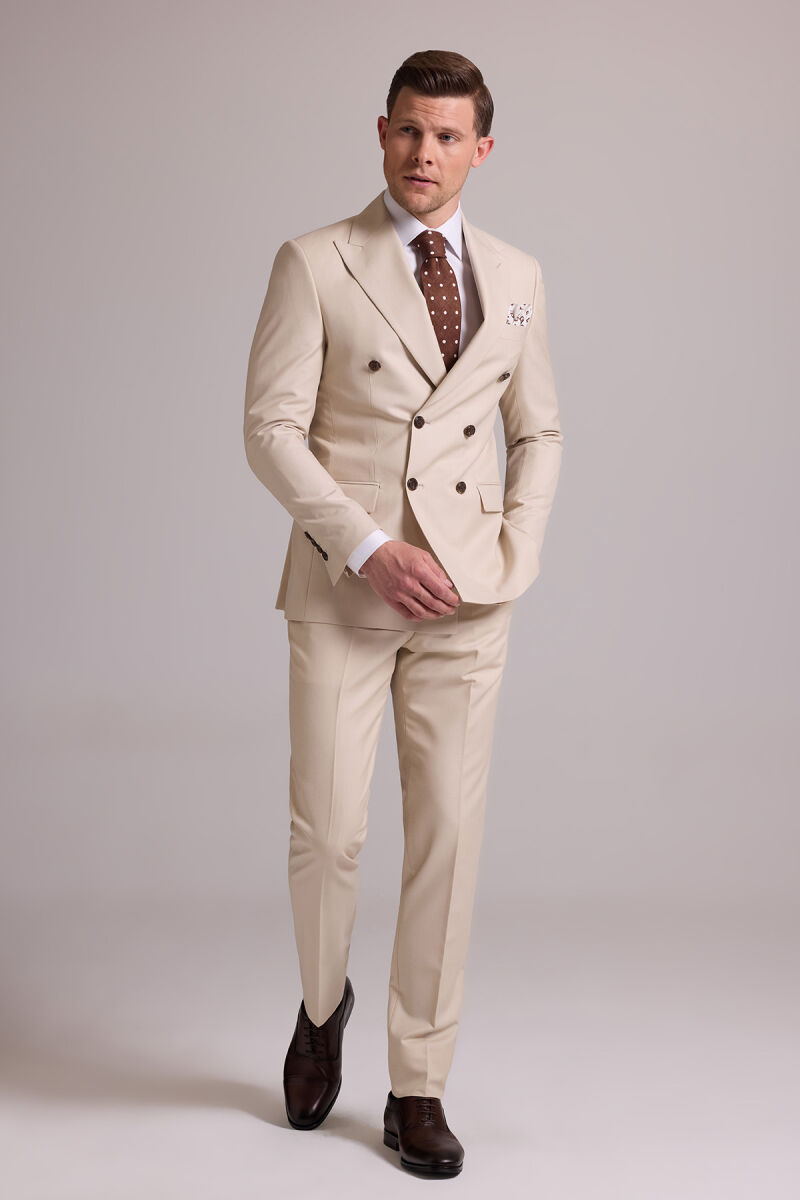 Erkek Krem Slim Fit Kruvaze Yün Takım Elbise - 2