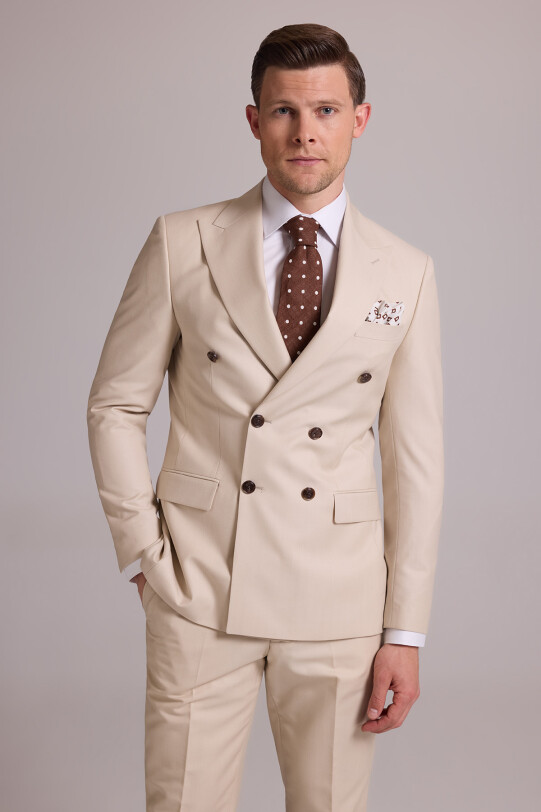 Erkek Krem Slim Fit Kruvaze Yün Takım Elbise