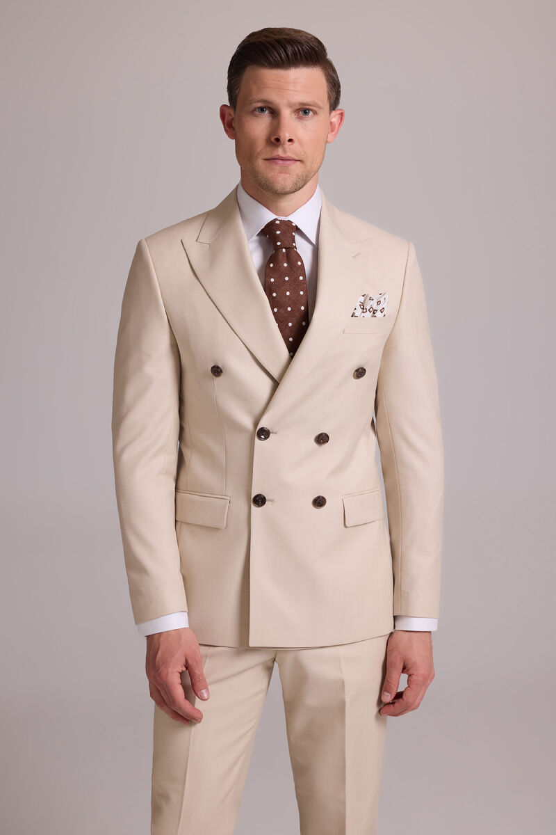 Erkek Krem Slim Fit Kruvaze Yün Takım Elbise - 4