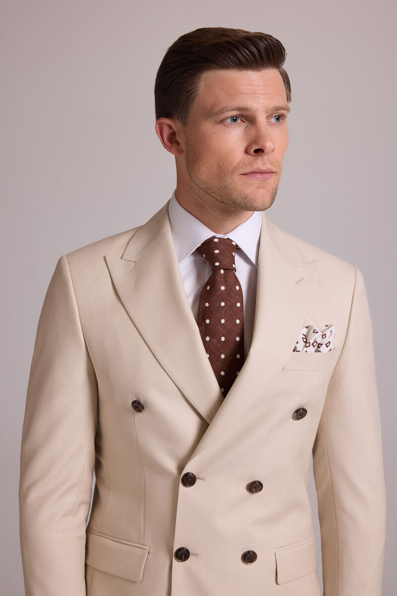 Erkek Krem Slim Fit Kruvaze Yün Takım Elbise - 7