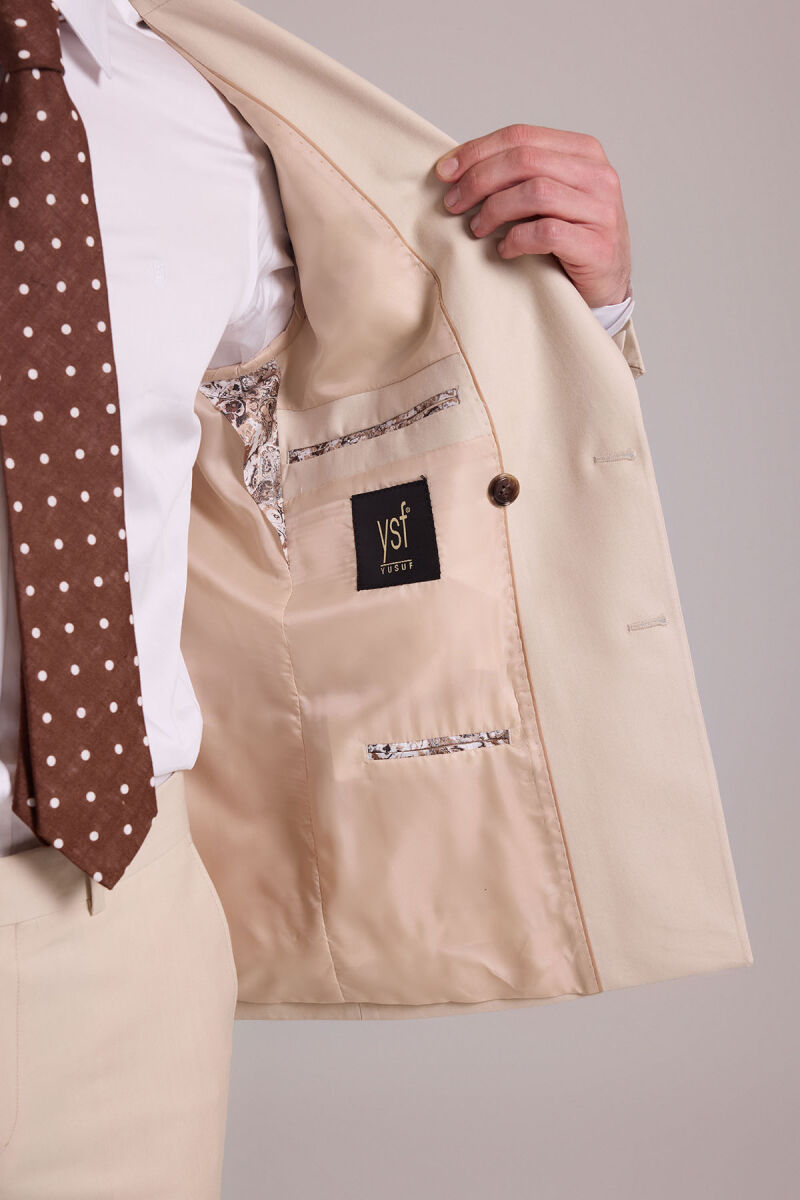Erkek Krem Slim Fit Kruvaze Yün Takım Elbise - 9