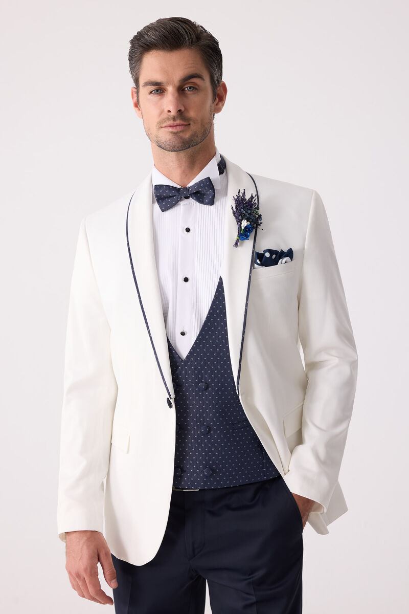 Erkek Krem Slim Fit Mono Yaka Yelekli Damatlık - 1