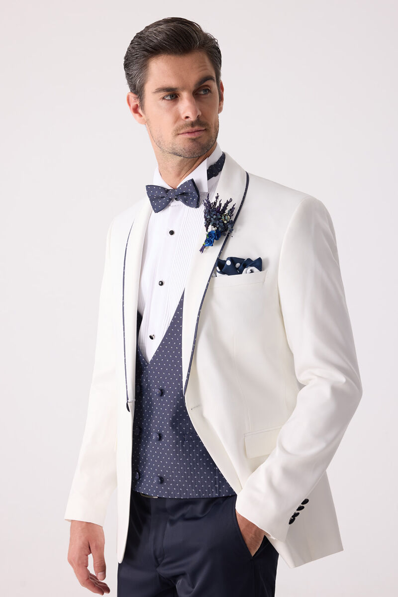 Erkek Krem Slim Fit Mono Yaka Yelekli Damatlık - 2