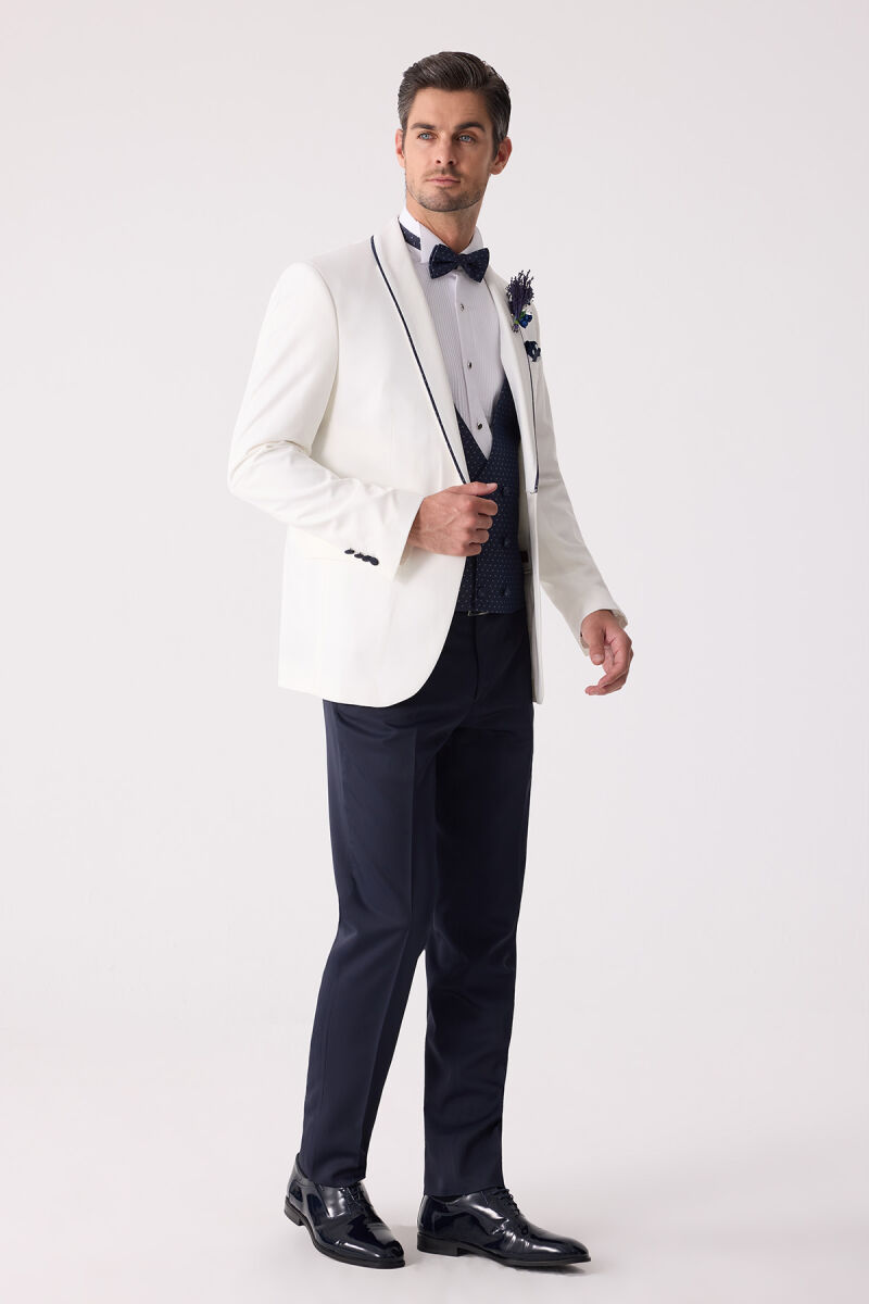 Erkek Krem Slim Fit Mono Yaka Yelekli Damatlık - 4