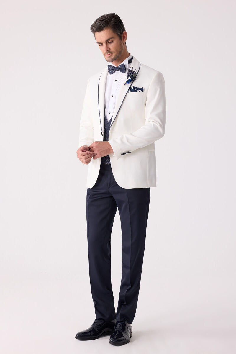 Erkek Krem Slim Fit Mono Yaka Yelekli Damatlık - 5