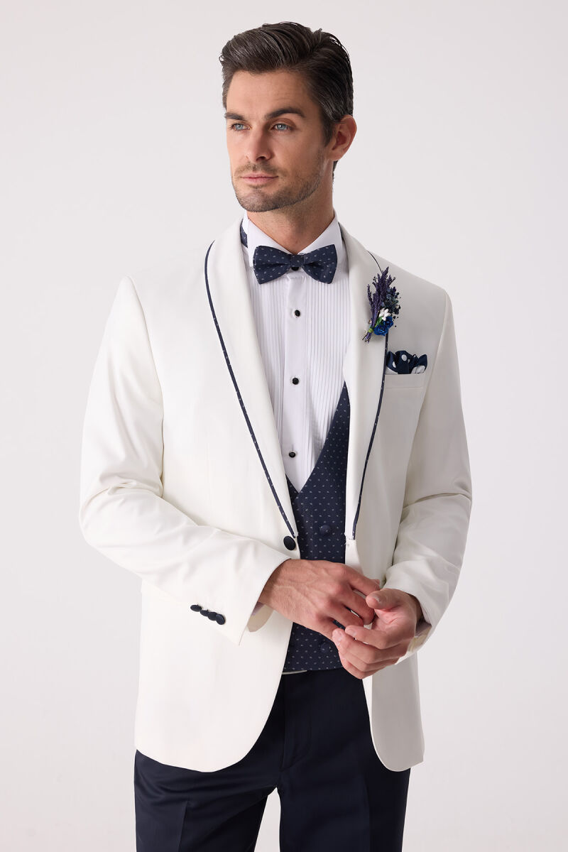 Erkek Krem Slim Fit Mono Yaka Yelekli Damatlık - 6