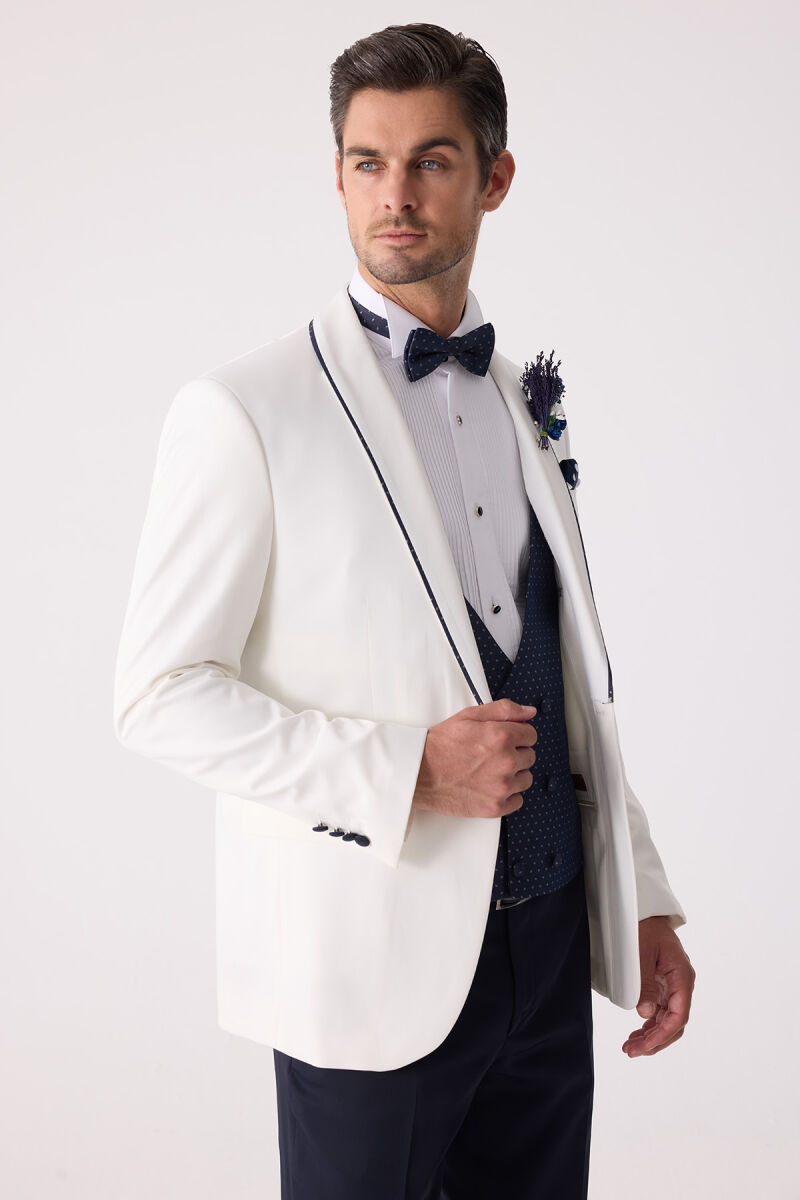 Erkek Krem Slim Fit Mono Yaka Yelekli Damatlık - 7