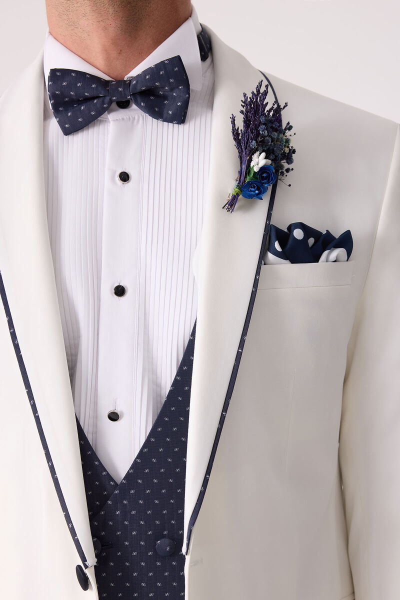 Erkek Krem Slim Fit Mono Yaka Yelekli Damatlık - 8