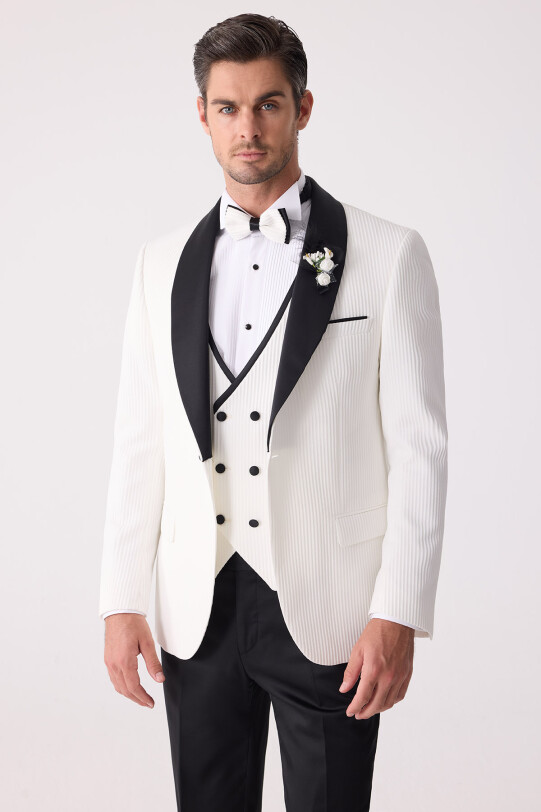 Erkek Krem Slim Fit Şal Yaka Damatlık