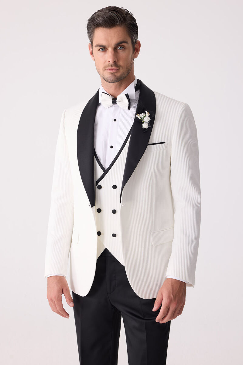 Erkek Krem Slim Fit Şal Yaka Damatlık - 1