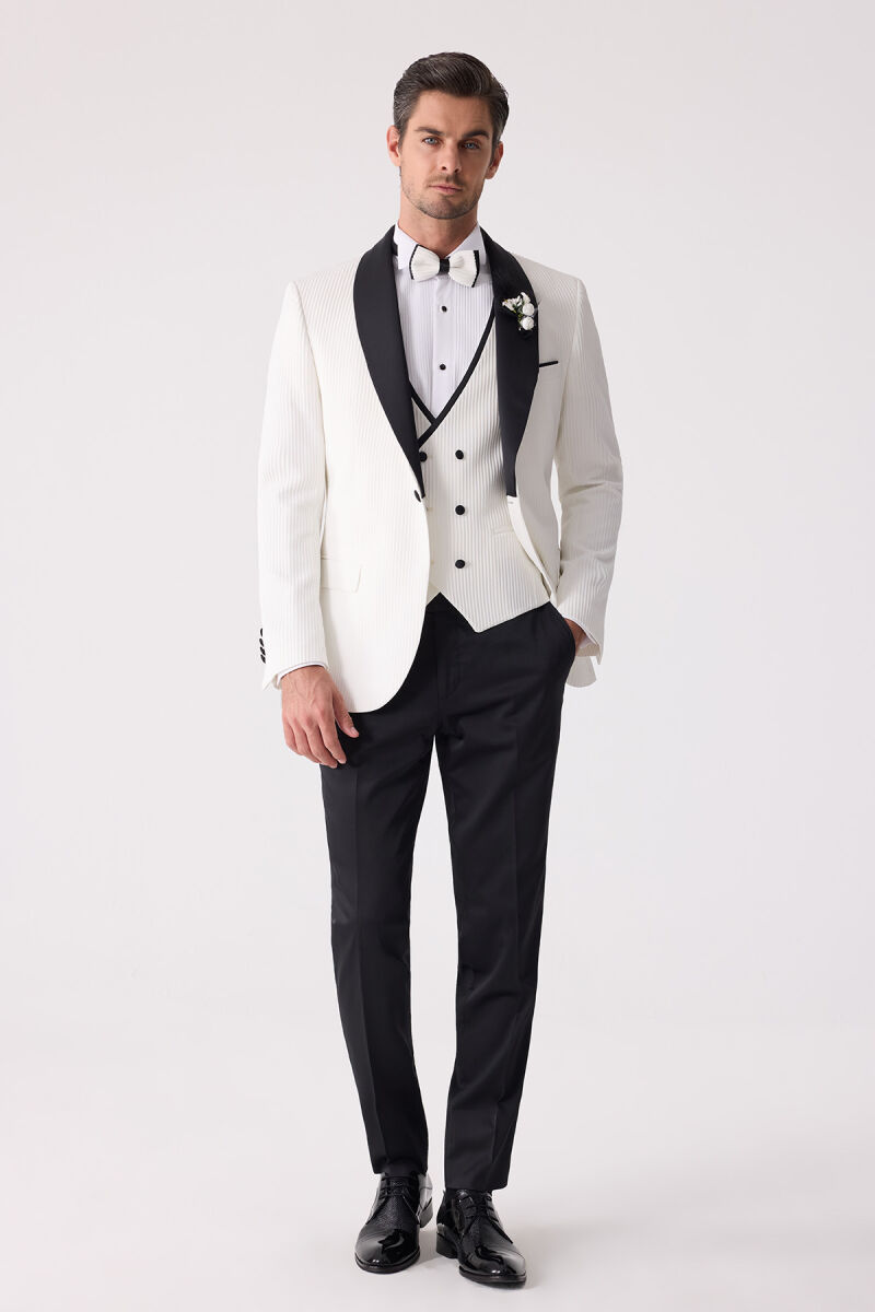 Erkek Krem Slim Fit Şal Yaka Damatlık - 2