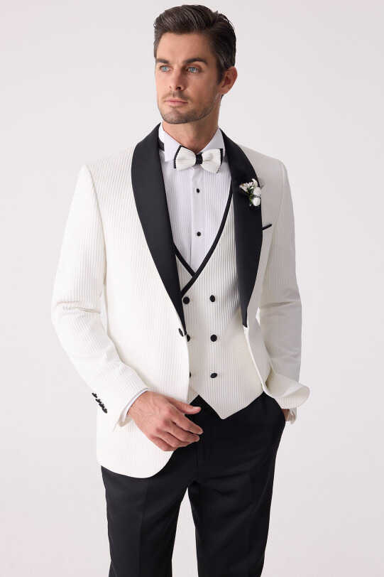 Erkek Krem Slim Fit Şal Yaka Damatlık