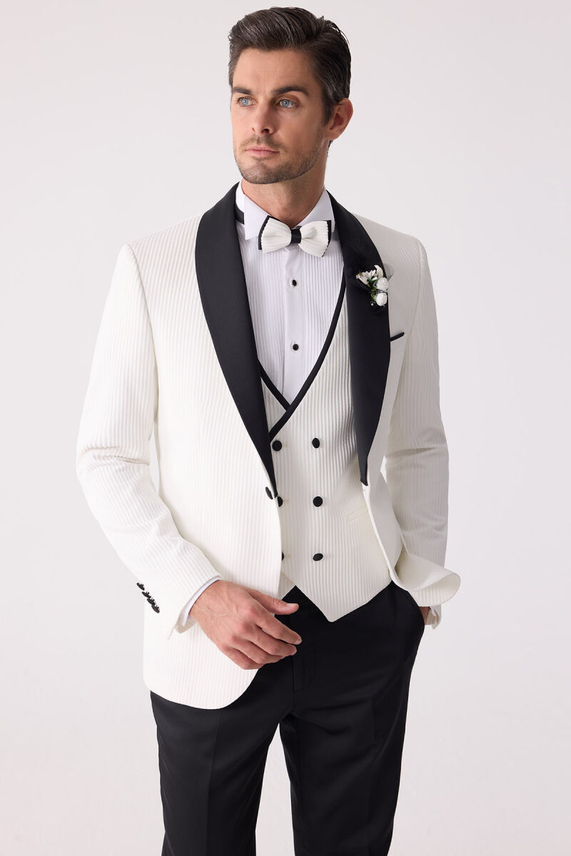 Erkek Krem Slim Fit Şal Yaka Damatlık - 3